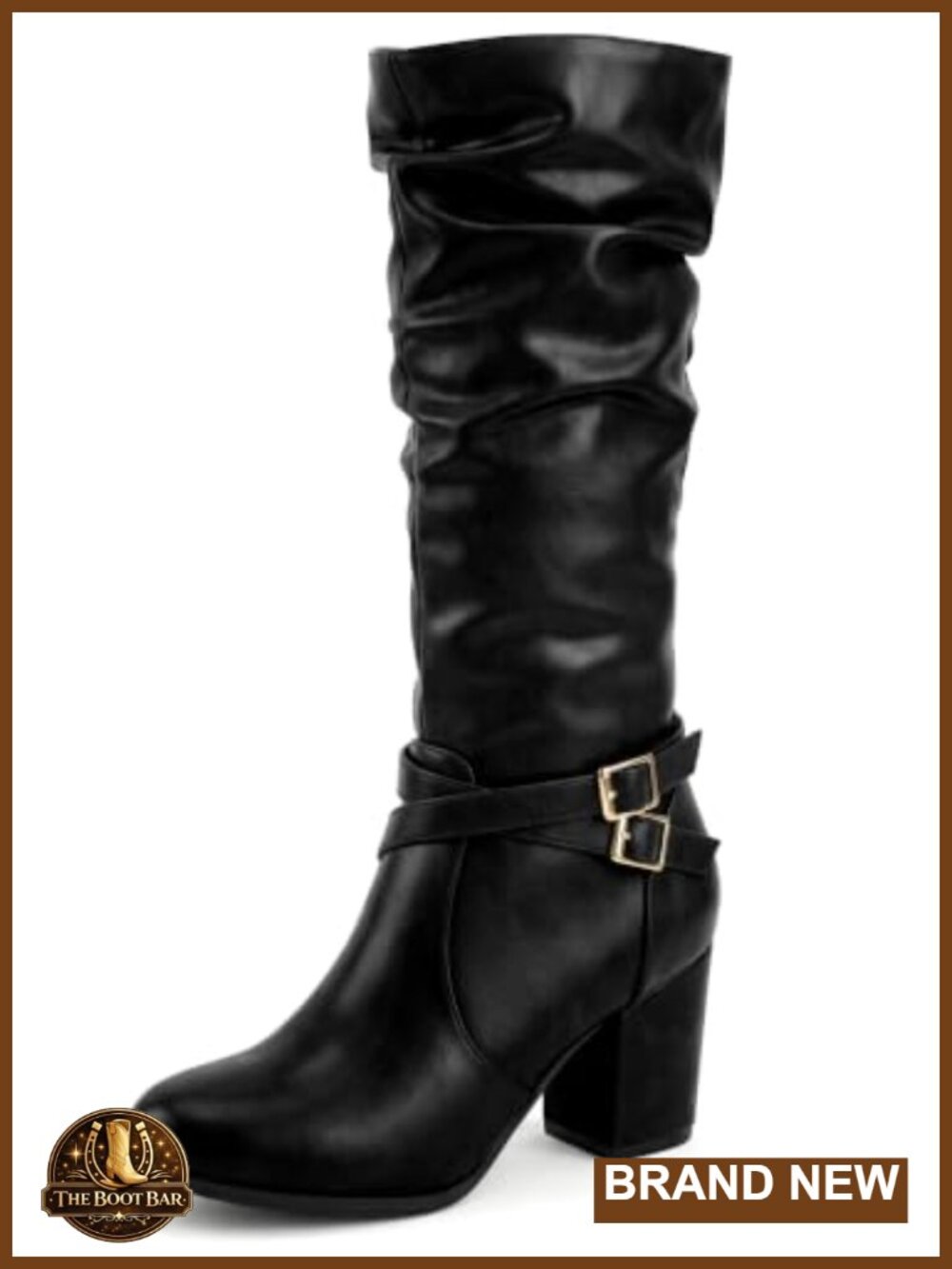Faux Leather Slouch Buckle Chunky Heel Knee High Boot Round Toe